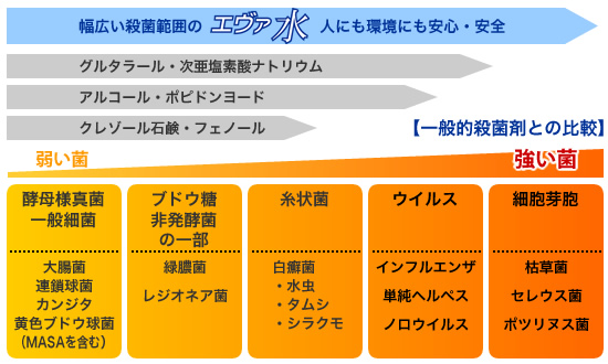 エヴァ水と一般殺菌剤との比較